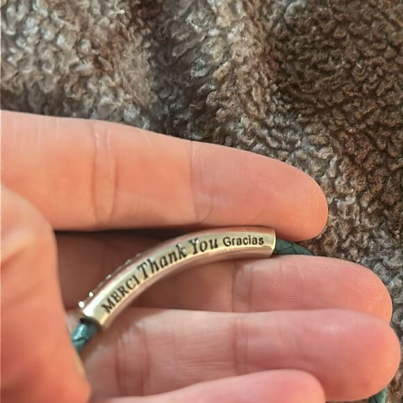 Brighton Braided Leather Silver and Teal Bracelet with rhinestones and wording - Picture 6 of 7